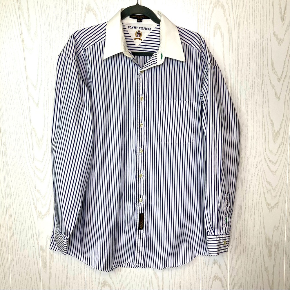 Vintage Tommy Hilfiger Blue and White Striped Button Up Shirt